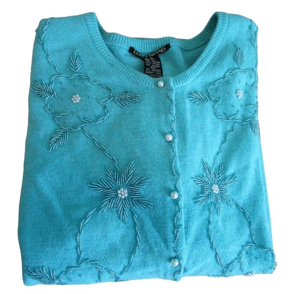 Lucky Brand Light Blue Beaded Cardigan Faux Pearl Button Wool Blend Ladies L EUC - Picture 3 of 16